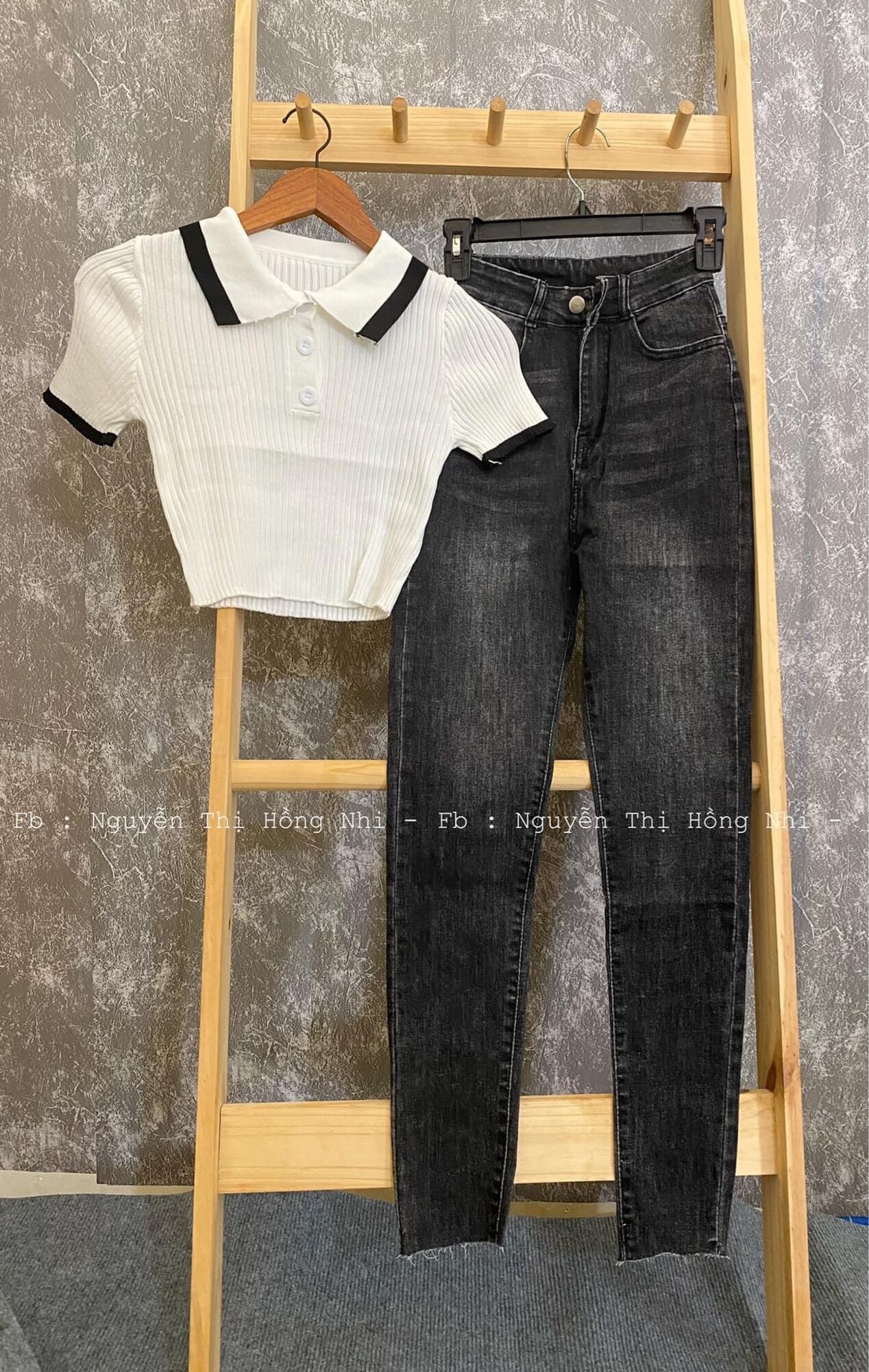 Set jeans dài lưng cao xám tua lai + crop petter trắng phối viền