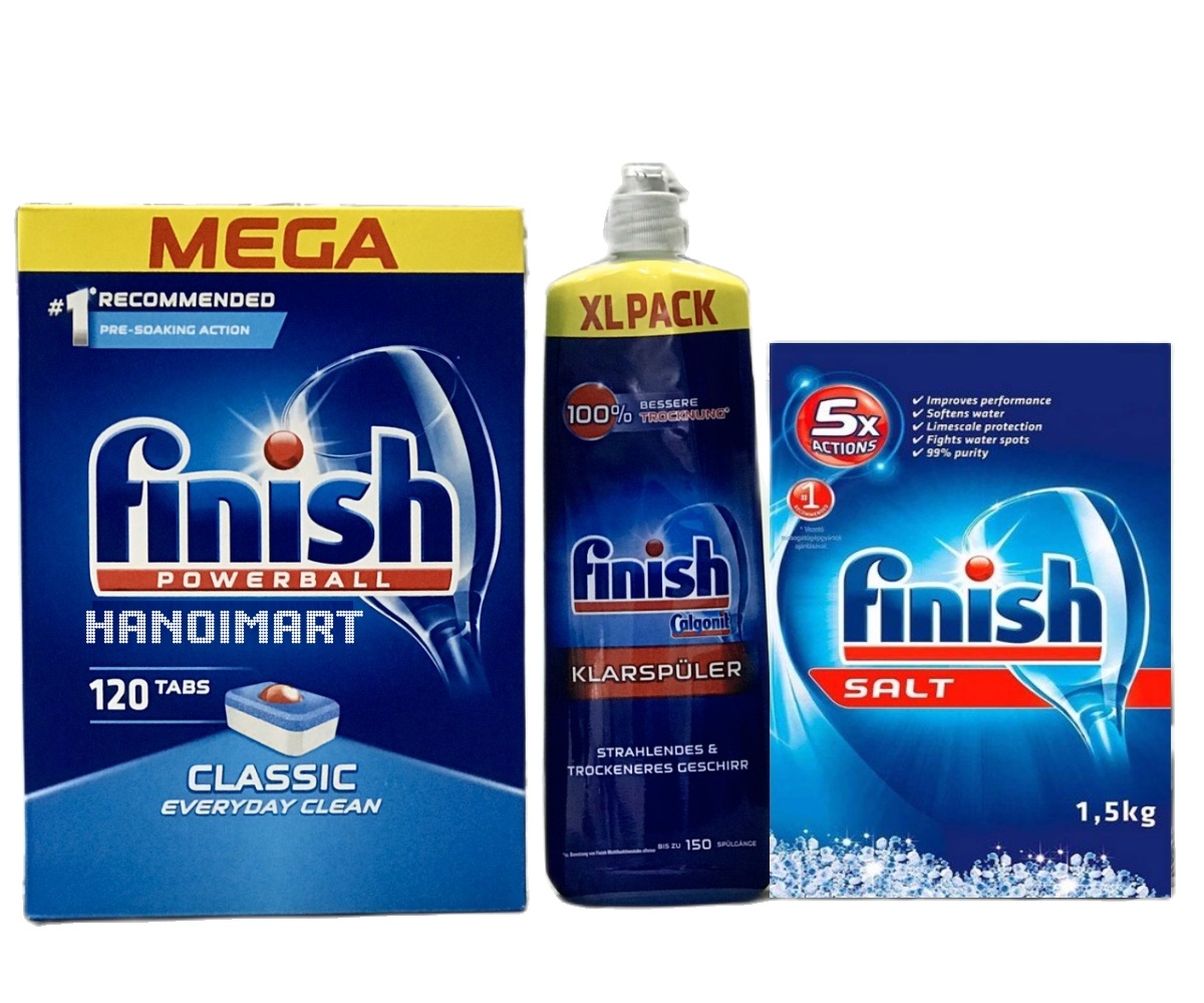 Combo 120 Viên Finish+750ml Bóng Finish+1.5kg muối làm mềm nước cho máy rửa bát