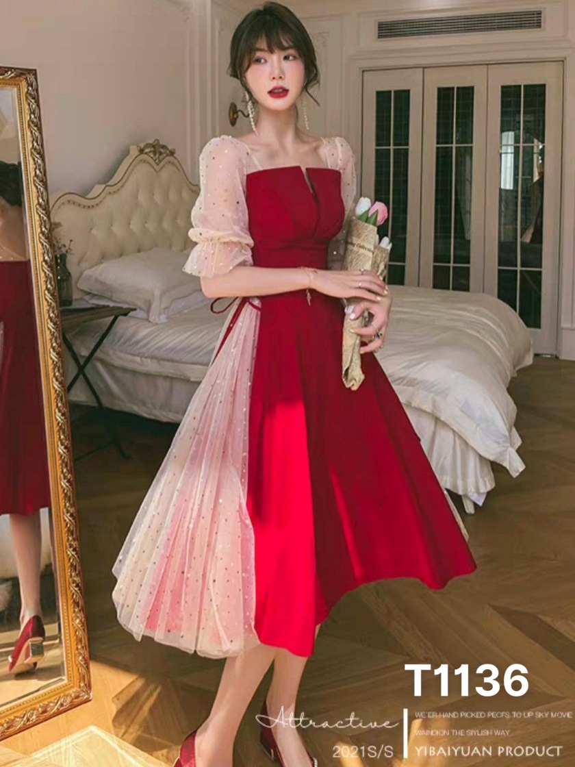 Đầm for phối lưới kim sa cột eo dáng xoè tay phồng T1136