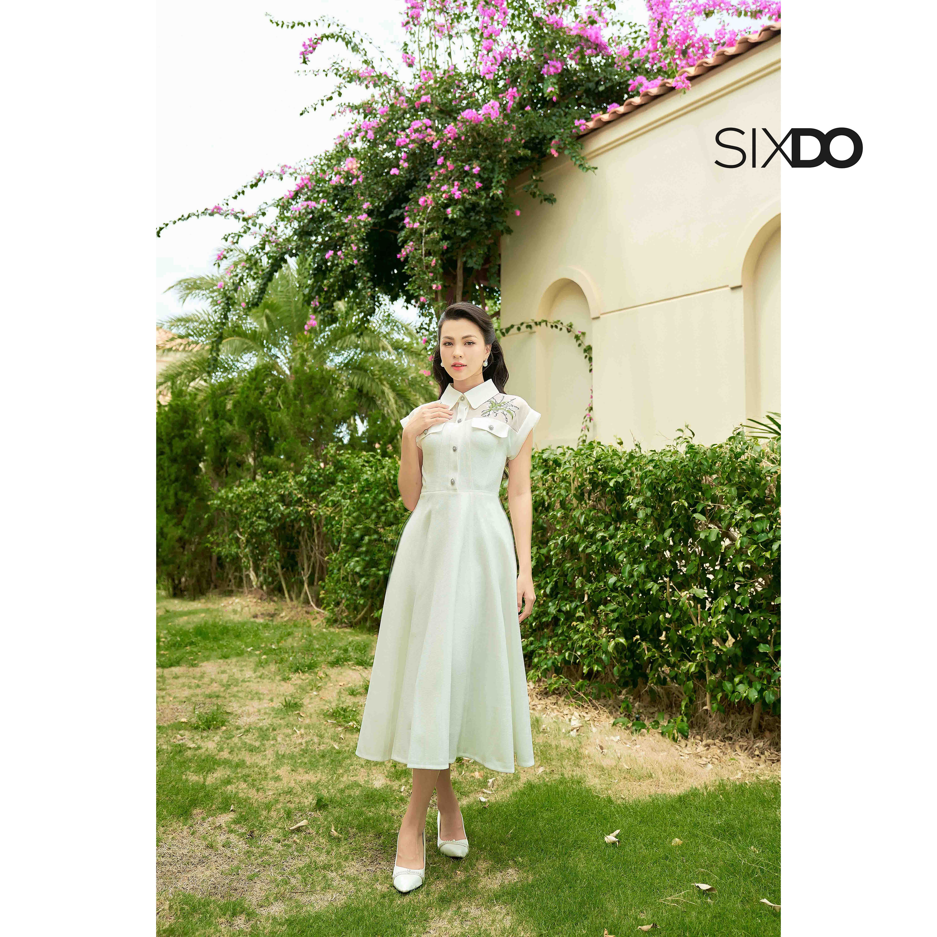 Đầm trắng thô phối hoa thêu cổ sơ mi SIXDO (White Midi Raw Dress With Embroidered Flowers)