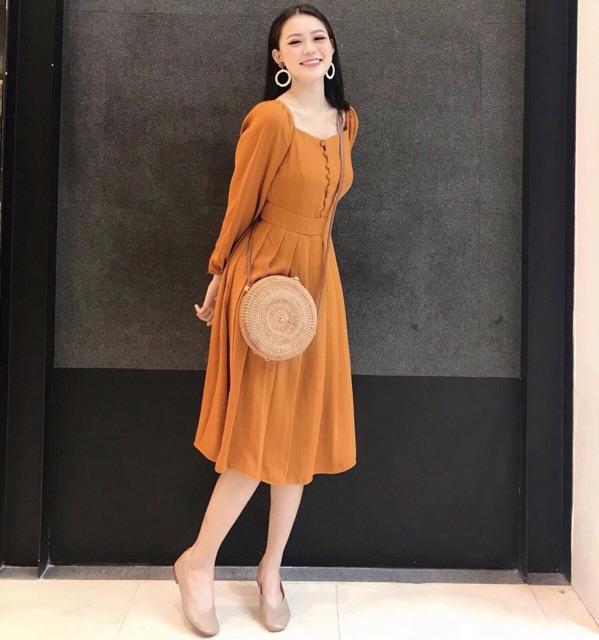 [HCM]Đầm cam nút bọc xếp li