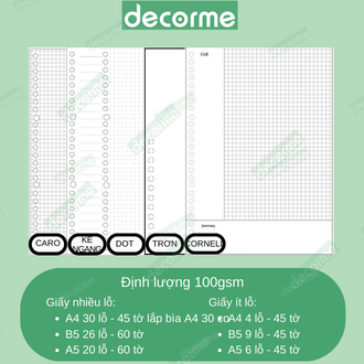 Giấy sổ còng Decorme giấy refill ruột sổ còng A5 B5 A4 20 26 30 lỗ sổ còng giấy refill caro kẻ ngang nhiều lỗ