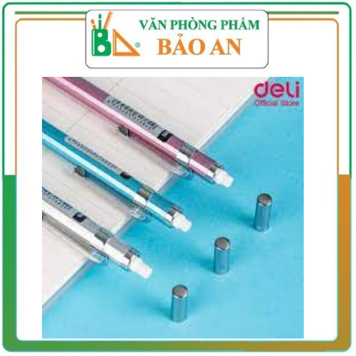 Bút chì kim bấm deli u998 / u999 ngòi 0.5mm, 0.7mm vỏ kim loại có kèm tẩy