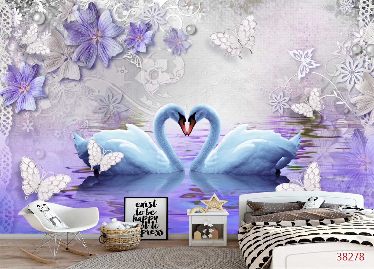 Tranh dán tường thiên nga 3d trang trí nhà cửa phòng khách phòng ngủ giá rẻ đẹp chất liệu decal pp keo sẵn bóc dán PA