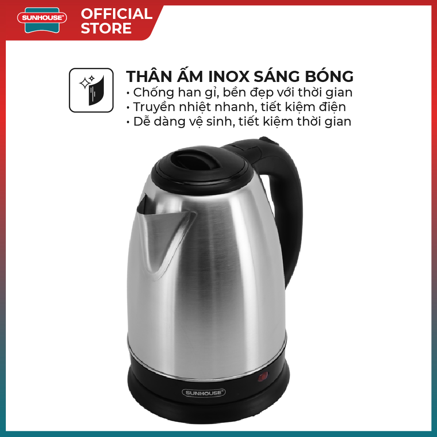 [ GIẢM 50K ] SHD1182 Ấm siêu tốc Inox Sunhouse 1.8L (Inox) , bình đun siêu tốc