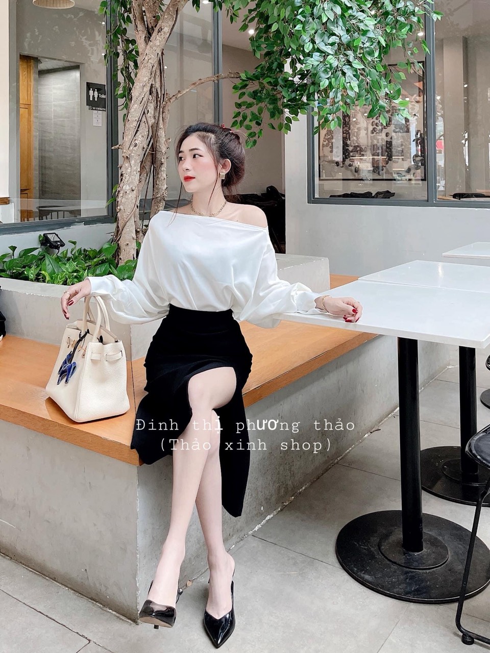 SET VÁY XẺ TÀ + ÁO LỆCH VAI TAY BỒNG