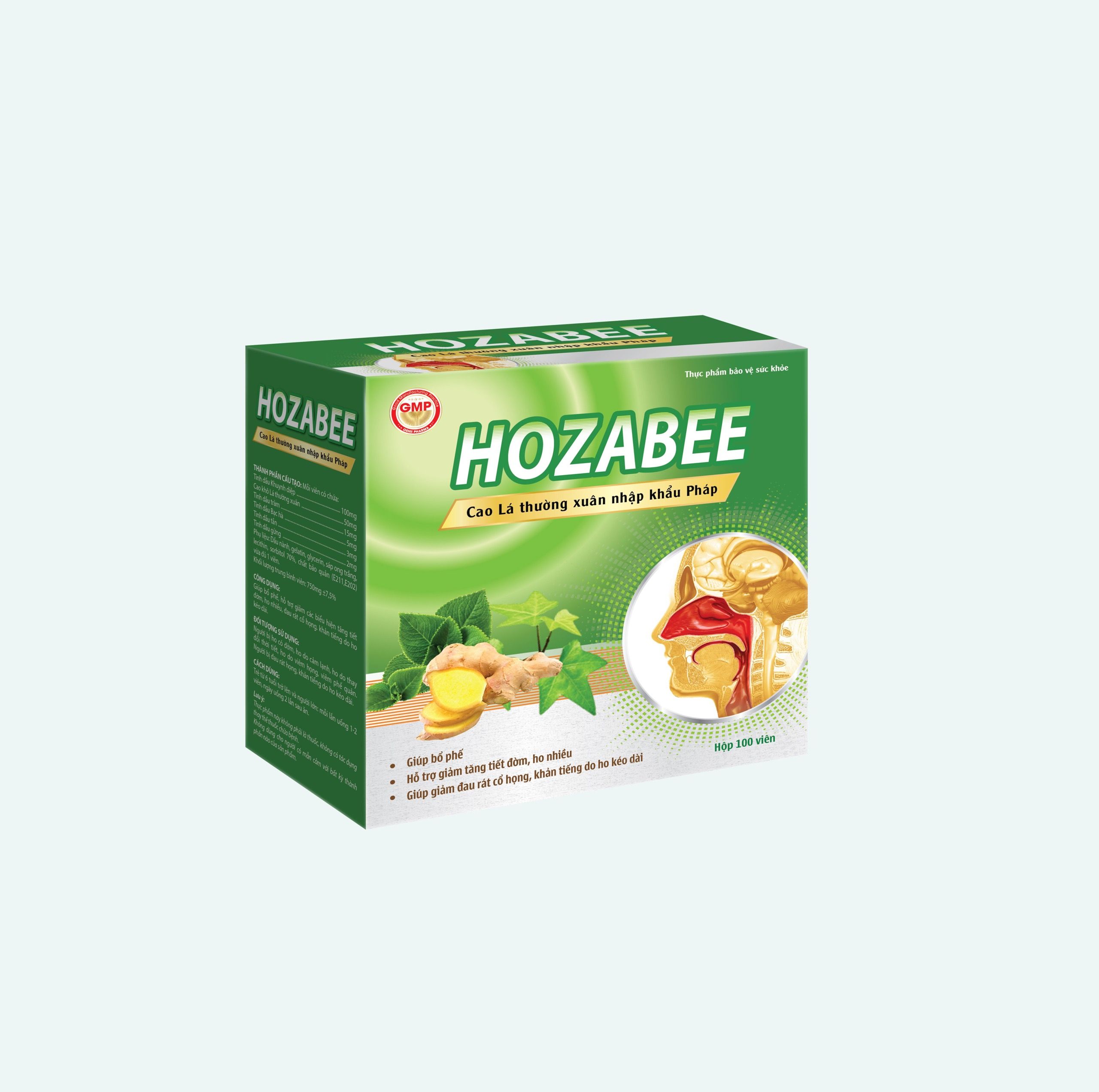 HOZABEE  ( CAO LÁ THƯỜNG XUÂN NHẬP KHẨU TỪ PHÁP), Giúp bổ phế, giảm tăng tiết đờm, ho nhiều, đau rát họng, khản tiếng do ho kéo dài, giảm hắt hơi, chảy nước mũi, nghẹt mũi do cảm lạnh.