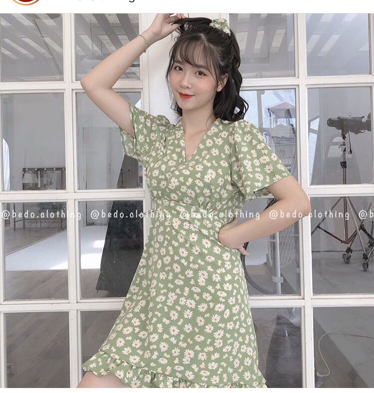 ĐẦM CỔ V HOA CÚC CHÂN BÈO