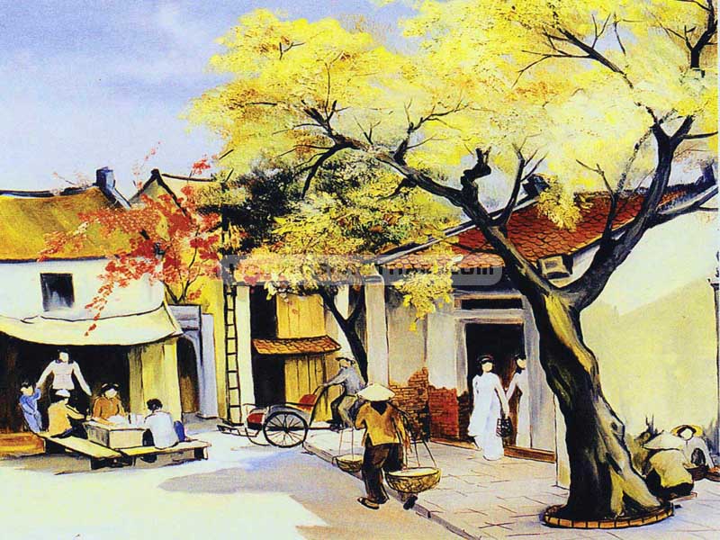 Tranh phong cảnh đầu làng khu phố cổ Hà Nội kèm khung 324 