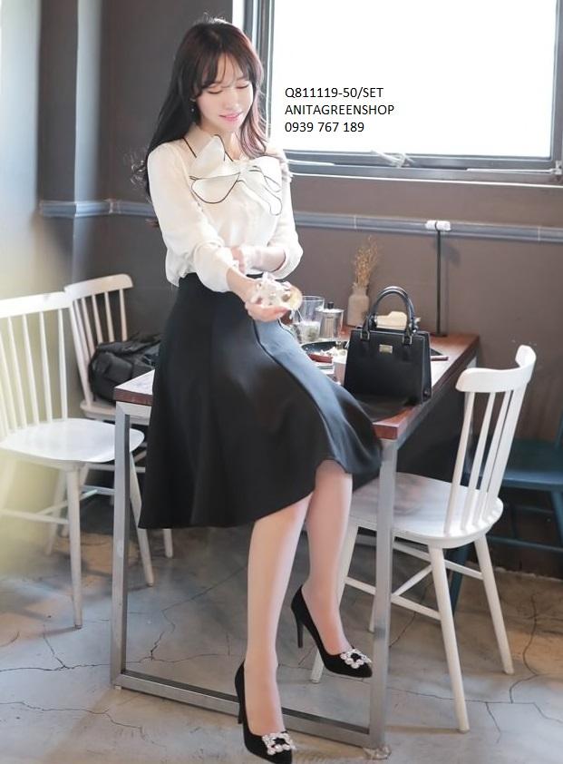 Q811119 set áo nơ phối chân váy xòe