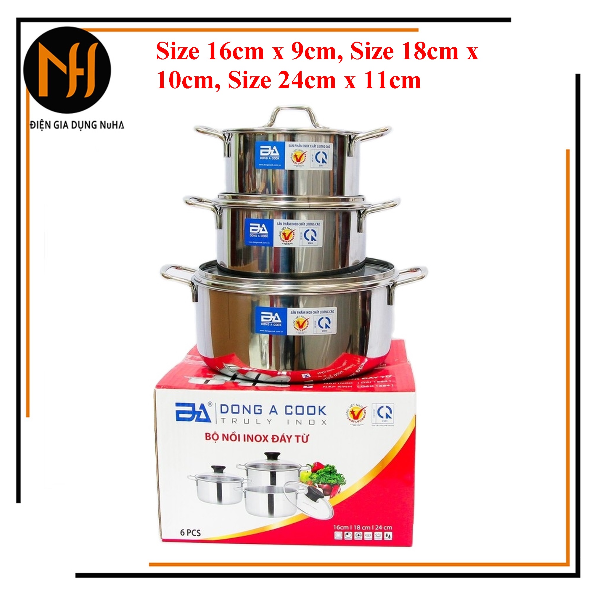 [HCM]Bộ nồi 3 cái đáy từ Đông á gồm 3 size 16cm/18cm/24cm có 2 loại nắp inox và nắp kính (chọn phân loại)