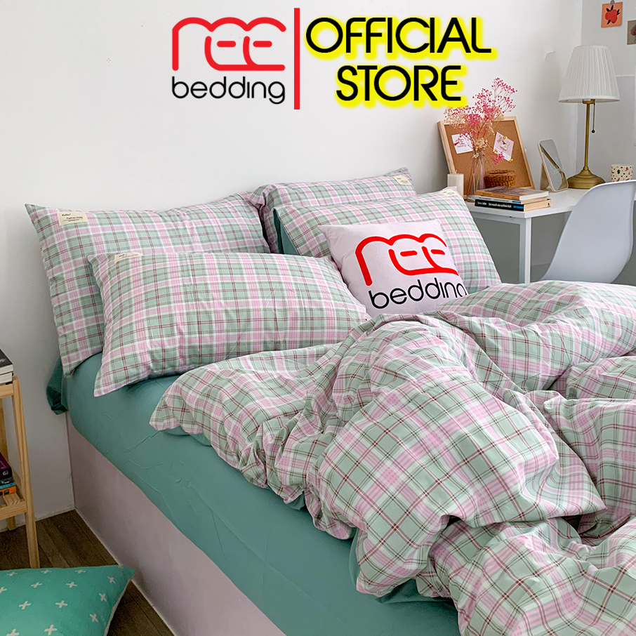 Bộ chăn ga gối Cotton TC REE Bedding CTC50 caro xanh mint đủ size giường