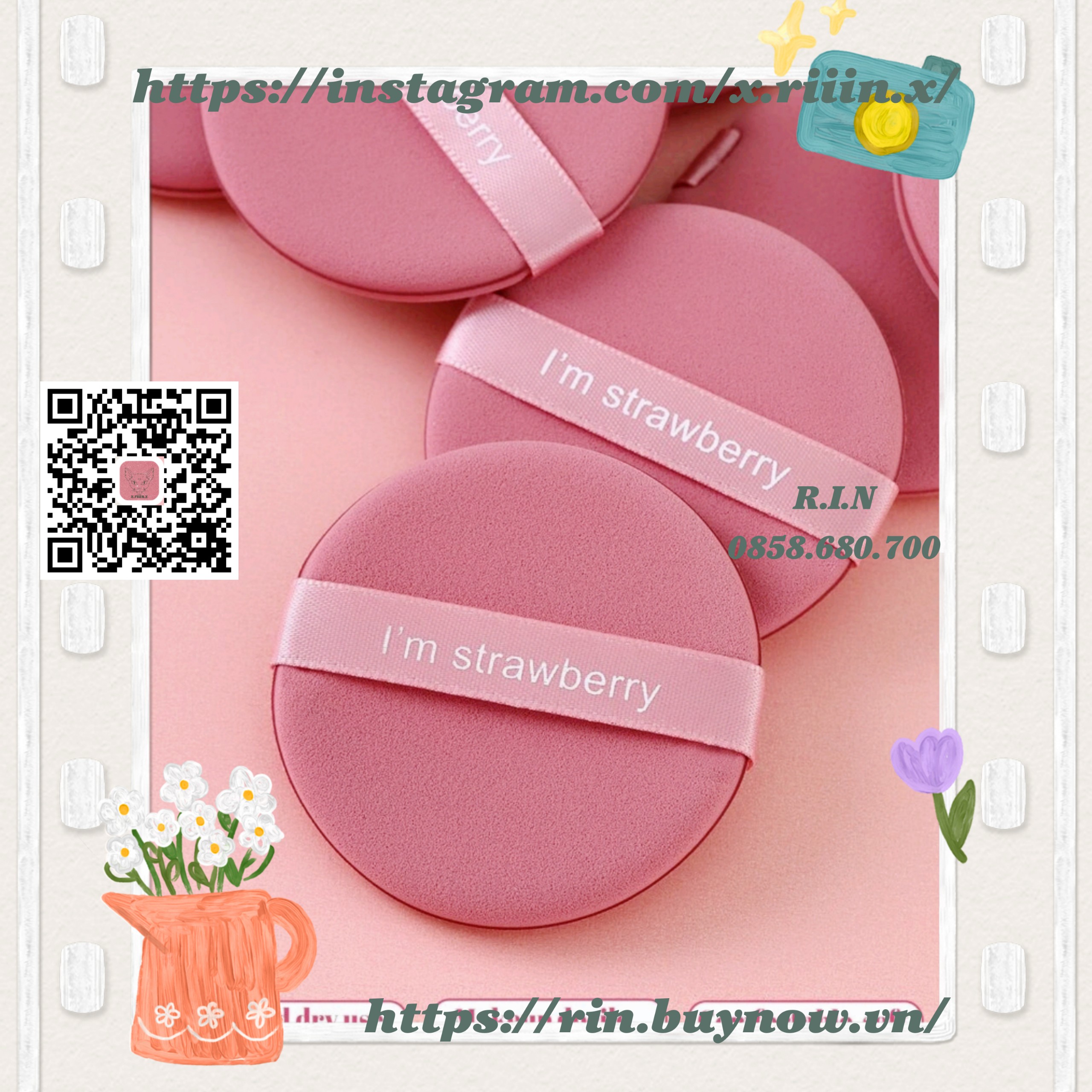 RIIIN Combo 7 miếng bông trang điểm Strawberry
