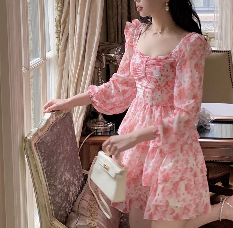 Đầm voan hoa tay dài xinh hai màu xinh mẫu mới ldt722