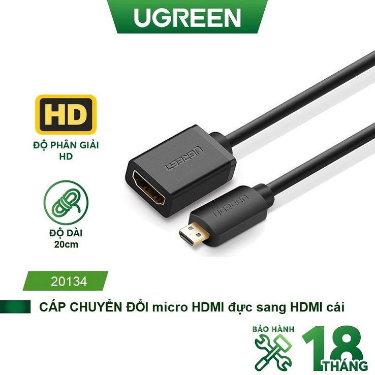 Dây cáp chuyển đổi micro hdmi đực sang hdmi cái dài 20cm ugreen 20134 - hàng