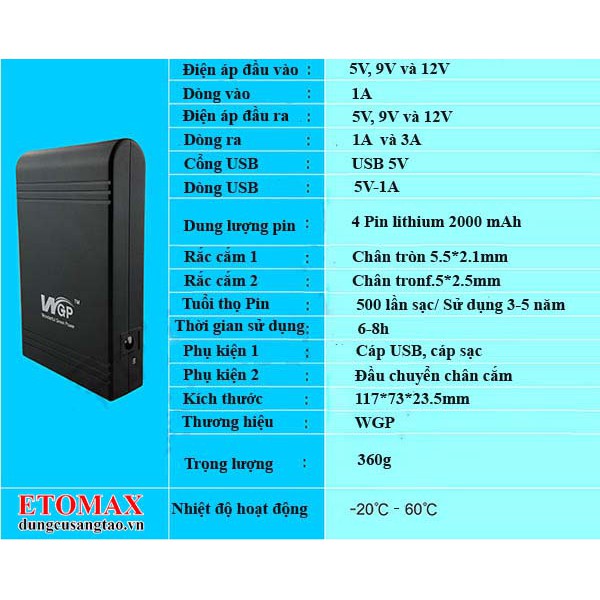 Nguồn Dự Phòng Ups Mini 3In1 5V/9V/12V 1A