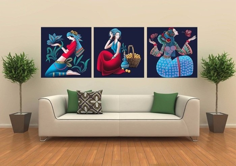 Lalashop - Bộ 3 Tấm tranh treo tường nghệ thuật dân tộc Tranh 3 Cô Gái Bắc Âu Trừu Tượng (HG-TG441) trang trí decoor tường phòng khách trang trí decor phòng ngủ cửa hàng cao cấp