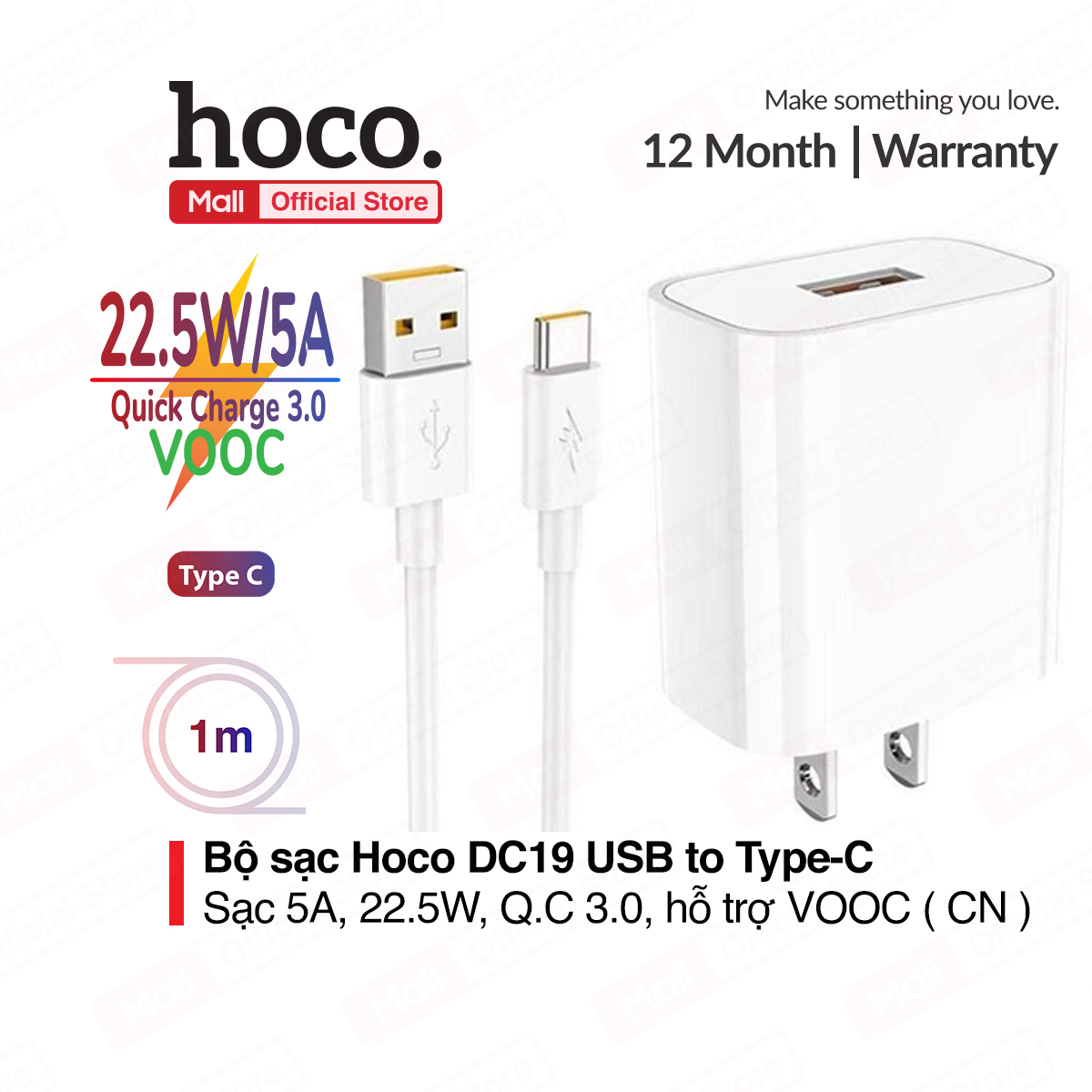 Bộ sạc nhanh Hoco DC19 USB to Type-C sạc nhanh 5A/22.5W, Quick charge 3.0, hỗ trợ sạc VOOC, kèm dây dài 1m