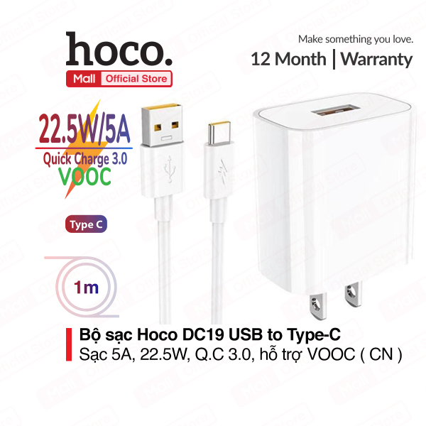 Bộ sạc nhanh Hoco DC19 USB to Type-C sạc nhanh 5A/22.5W Quick charge 3.0 hỗ trợ sạc VOOC kèm dây dài 1m