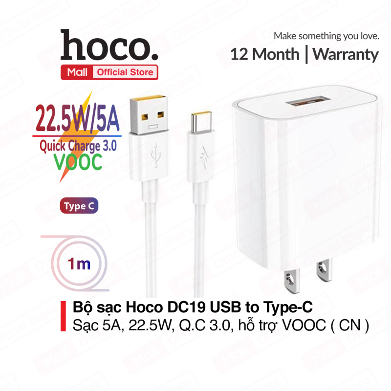 Bộ sạc nhanh Hoco DC19 USB to Type-C sạc nhanh 5A/22.5W Quick charge 3.0 hỗ trợ sạc VOOC kèm dây dài 1m
