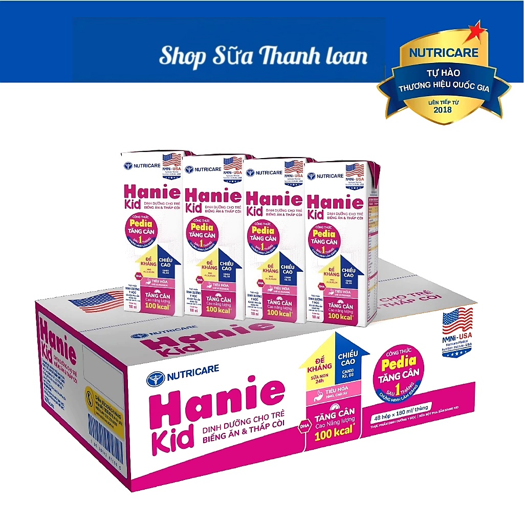 Thùng 48 hộp sữa nước nutricare hanie kid cho trẻ biếng ăn 180ml.