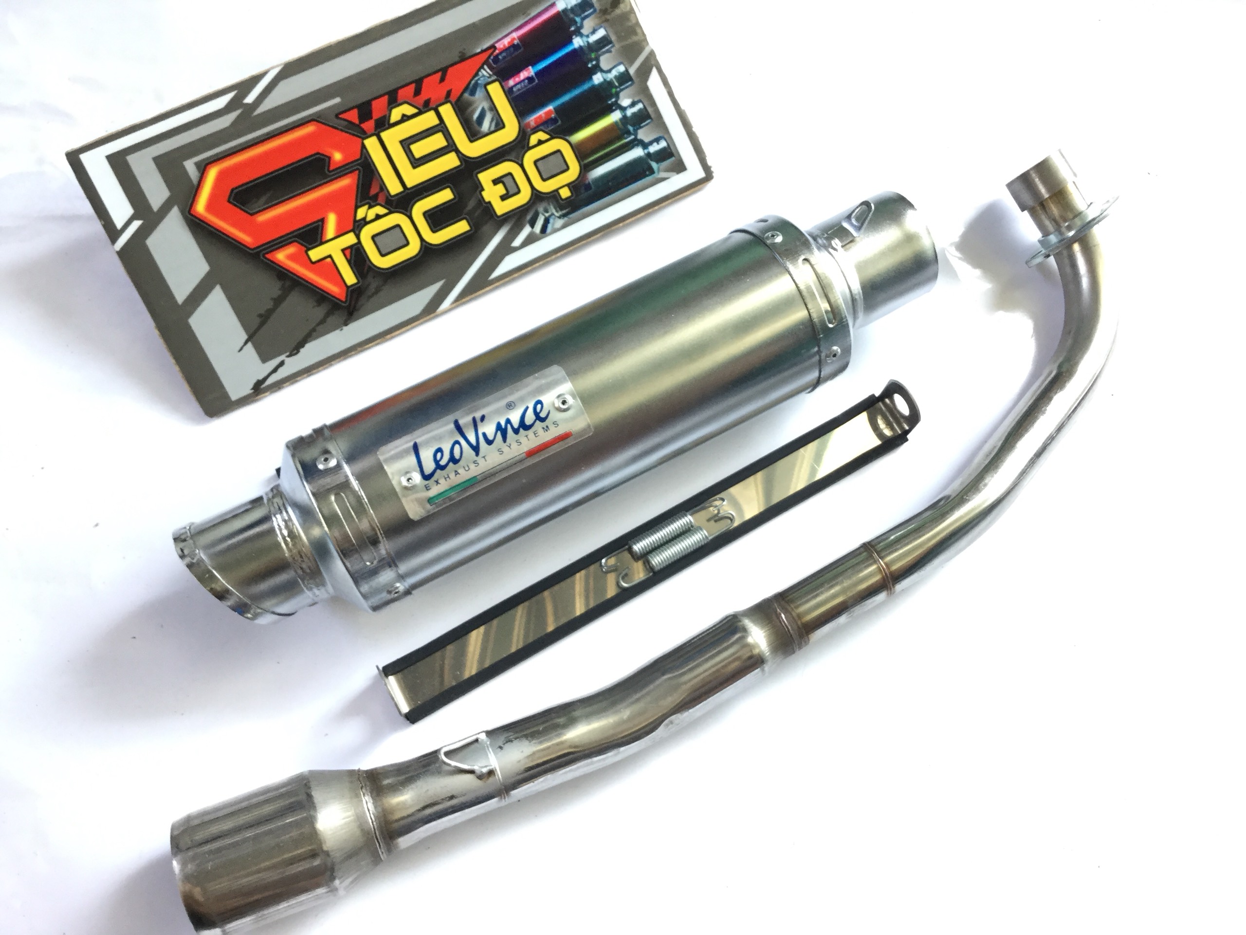 Pô leovince trắng full pass treo lò xo bao gồm cả cổ pô độ cho xe wave 50 - 100, cup, dream, 67, exciter 50cc,...