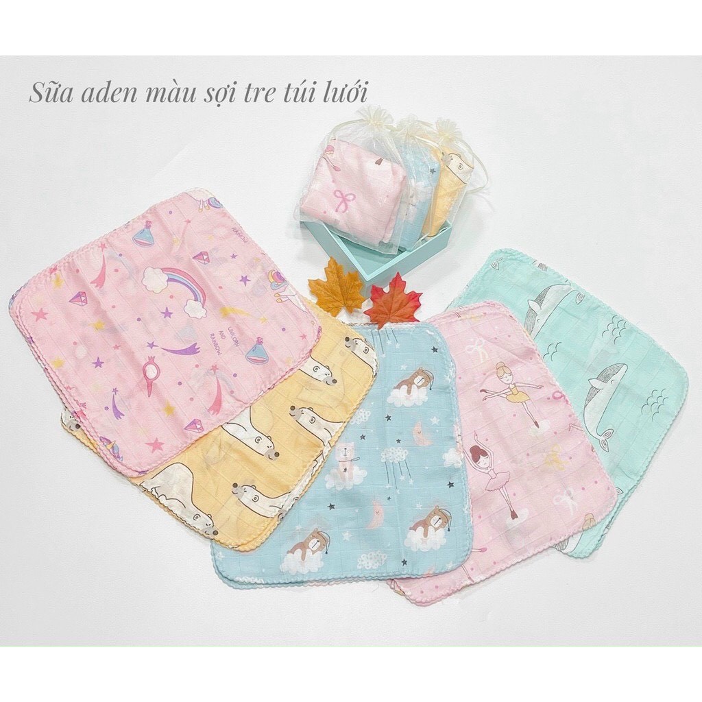 Set 10 chiếc khăn sữa sợi tre cho bé( Túi Lưới Nền Màu)