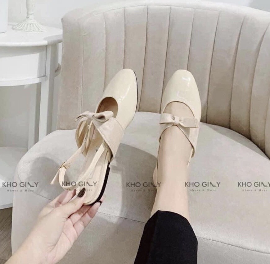 [Hoàn Tiền 15%]Dép cao gót 2p da bóng phối nơ xinh 002