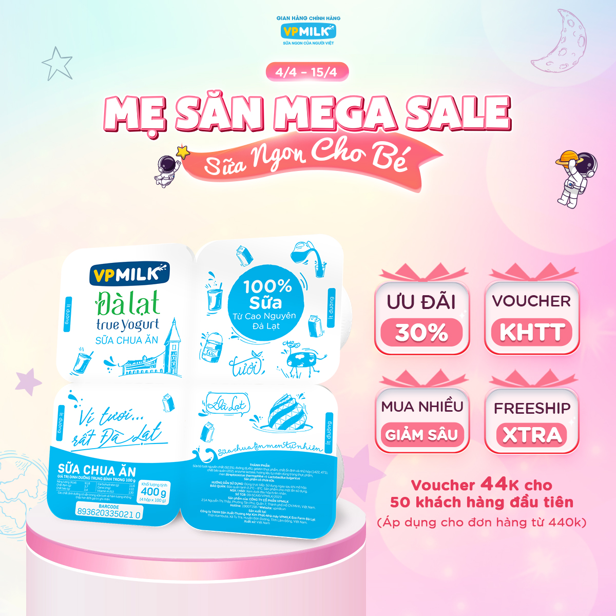 [VẬN CHUYỂN HỎA TỐC HCM](Lốc 4 hộp) Sữa chua ăn VPMilk Đà Lạt True Yogurt ít đường