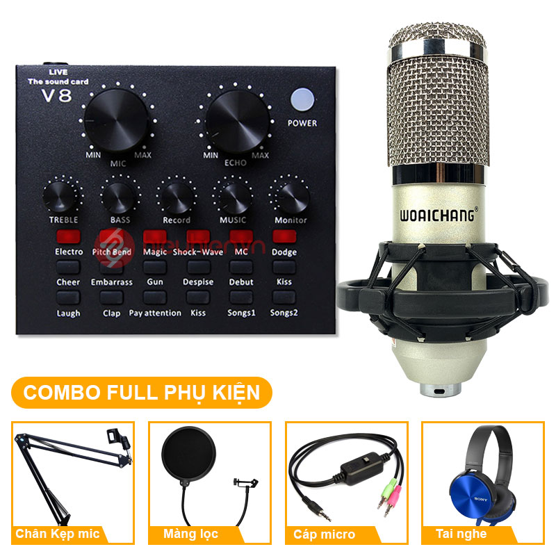 Dàn Hát Thu Âm Sound-Card V8 + Micro BM900 Live Stream Oneline Tại Nhà Bộ Combo Mic Livestream Hát Karaoke Card V8 Có Autotune Micro BM900 WOAICHANG TẶNG Tai 450 Chân Màng