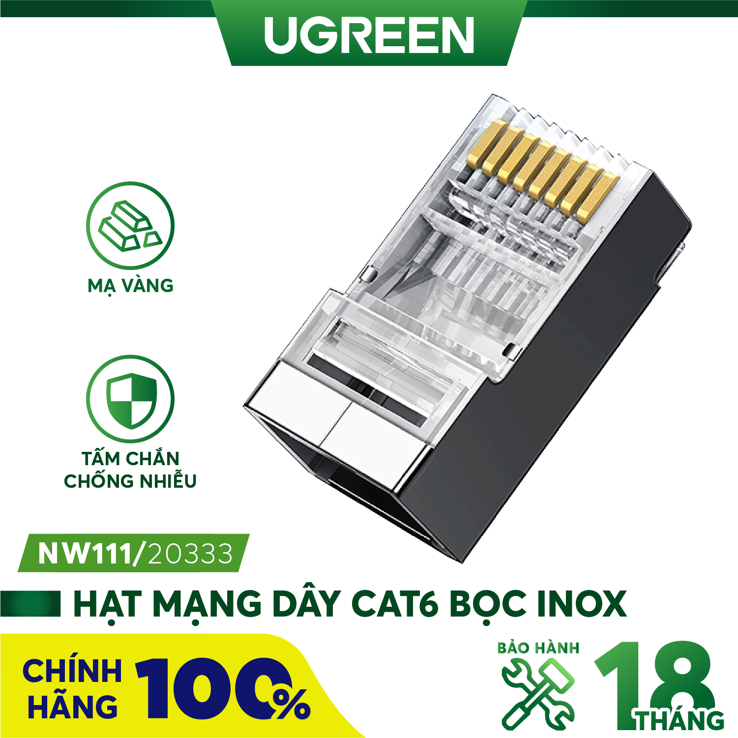 Đầu bấm mạng rj45 cat 6 bọc nhôm 10c/túi ugreen 20333 cao cấp