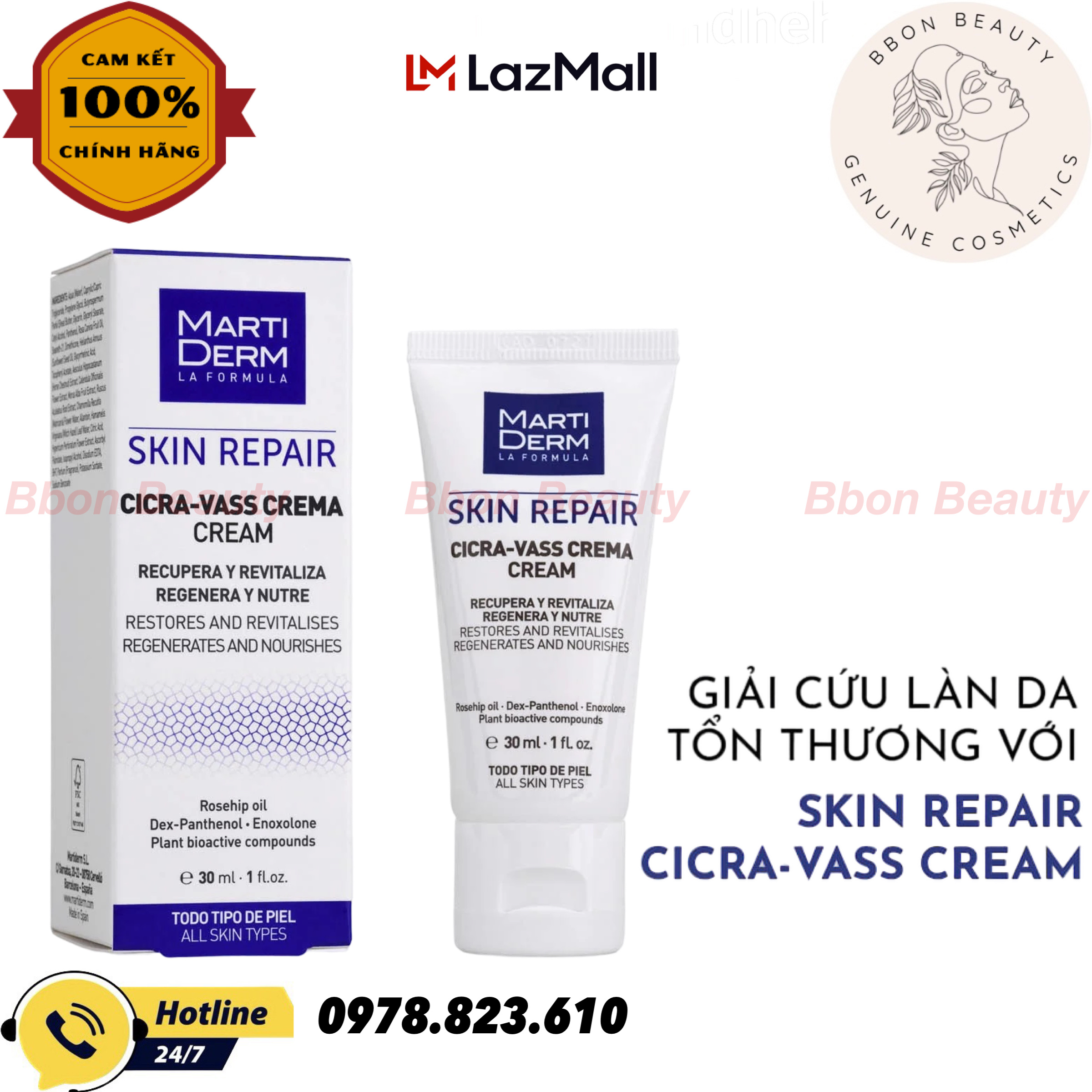 Kem dưỡng tái tạo & phục hồi da nhạy cảm - martiderm skin repair cicra vass cream 30ml - bbon beauty chính hãng