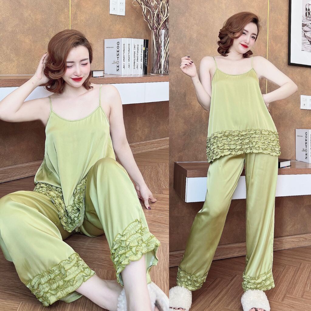 Sét đồ ngủ lụa satin cổ ren 3 lá tay ngắn quần daig đồ bộ lụa satin cao cấp