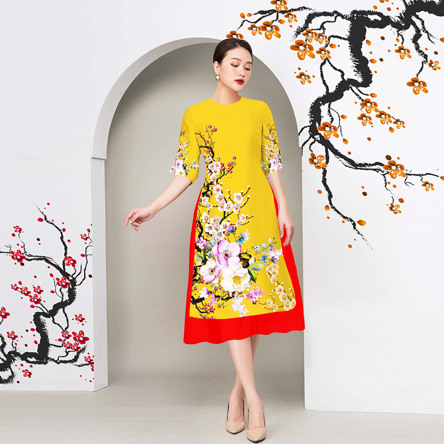 Modernized Ao Dai with Apricot Flower Print - Ad006