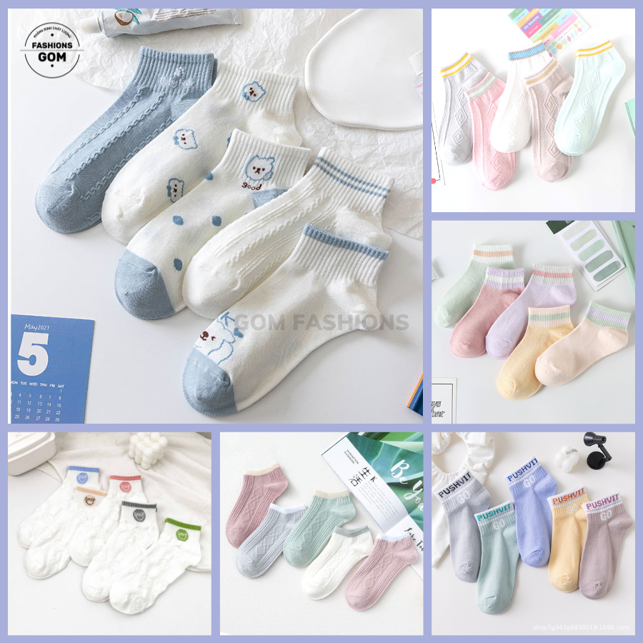 Set 5 đôi vớ nữ cổ ngắn vintage họa tiết dễ thương, tất chân nữ cute chất cotton thoáng mát khử mùi - CB5DOI