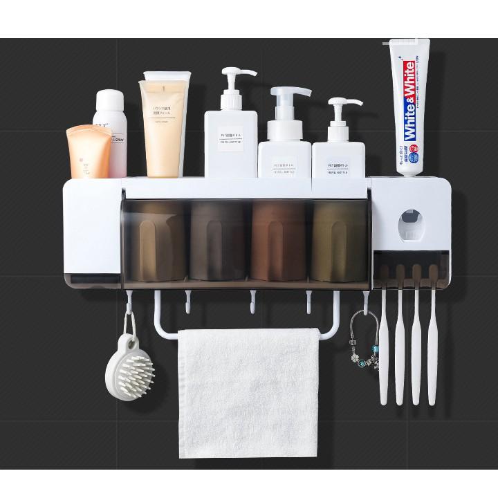 [Tặng kèm 4 cốc] Bộ kệ có móc treo bàn chải đánh răng và lấy kem đánh răng tự động mẫu mới 2020,