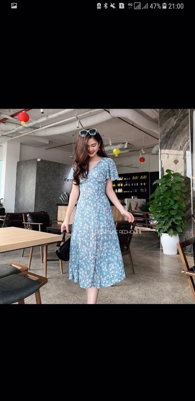 Đầm xòe lụa tay ngắn họa tiết hoa cúc họa mi