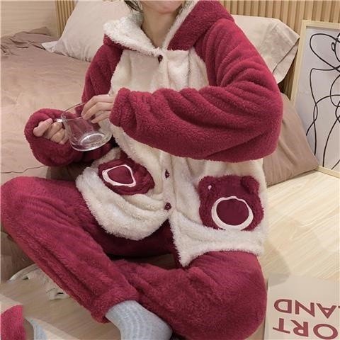 Bộ đồ nữ lông cừu túi hình gấu hồng nổi siêu dày dặn ấm áp thời trang hàn quốc, Đồ ngủ nữ lông gấu hàn quốc, Bộ Ngủ, bộ pijama, bộ đồ mặc nhà, Bộ lông thú mùa đông, bộ lông gấu, bộ giữ nhiệt, bộ đồ lông mặc nhà, bộ