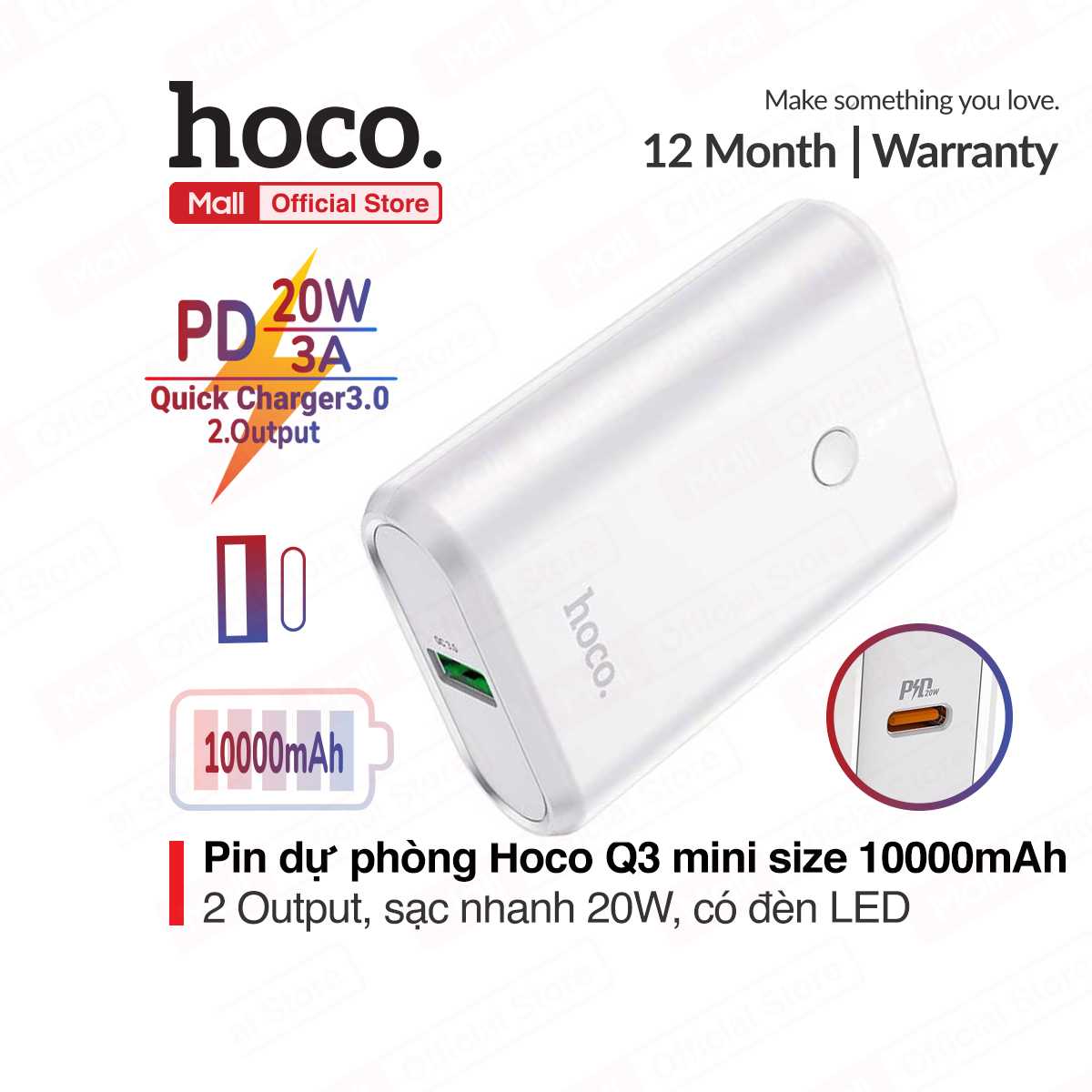 Pin sạc dự phòng Hoco Q3 Mini Size, 2 output ( USB + Type-C ), sạc nhanh PD20W/3A, có đèn LED