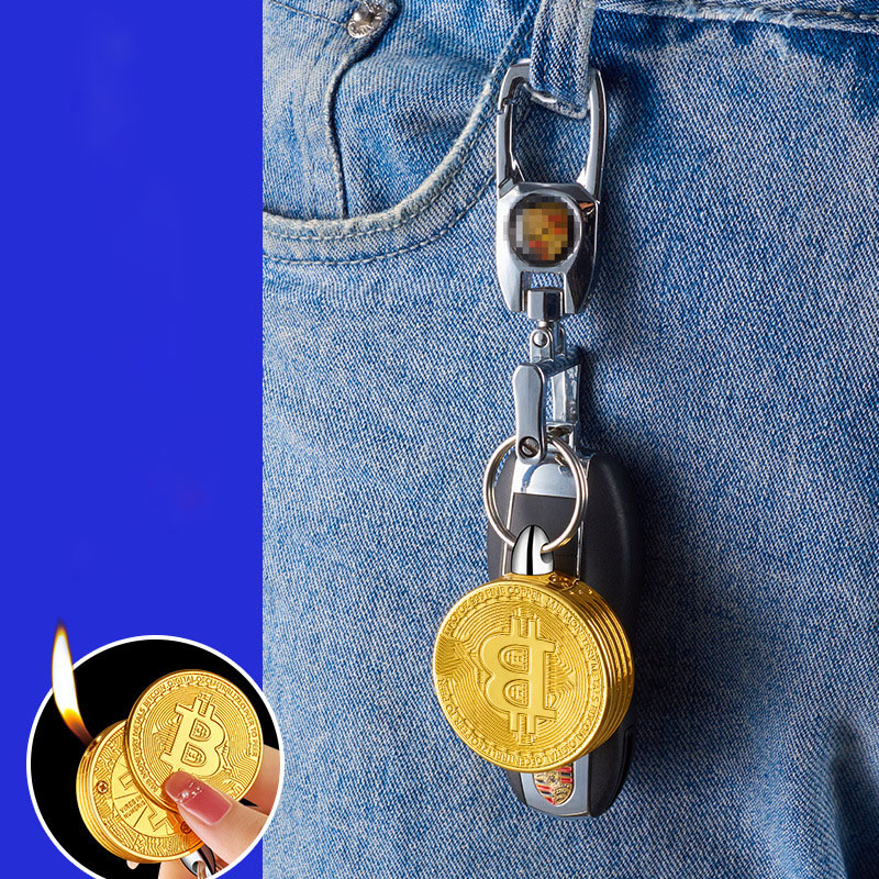 Hột quẹt bật lửa móc khóa đồng Bitcoin kim loại - xài gas