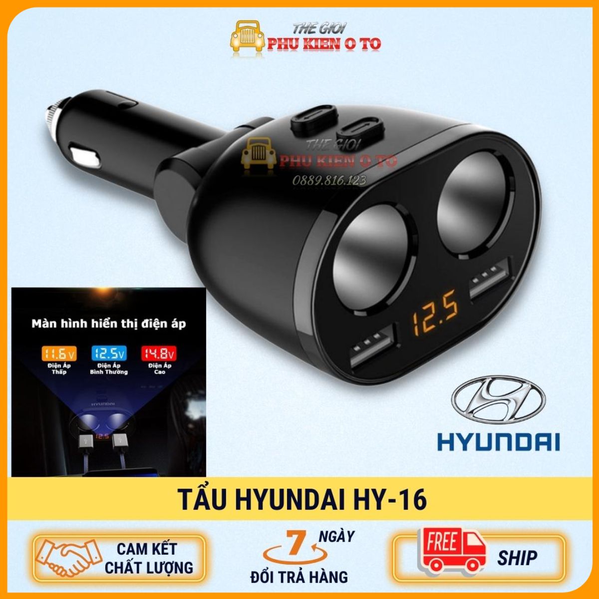 Tẩu sạc ô tô Hyundai HY-16 Có đèn led báo hiệu điện áp - Bảo hành 12 tháng