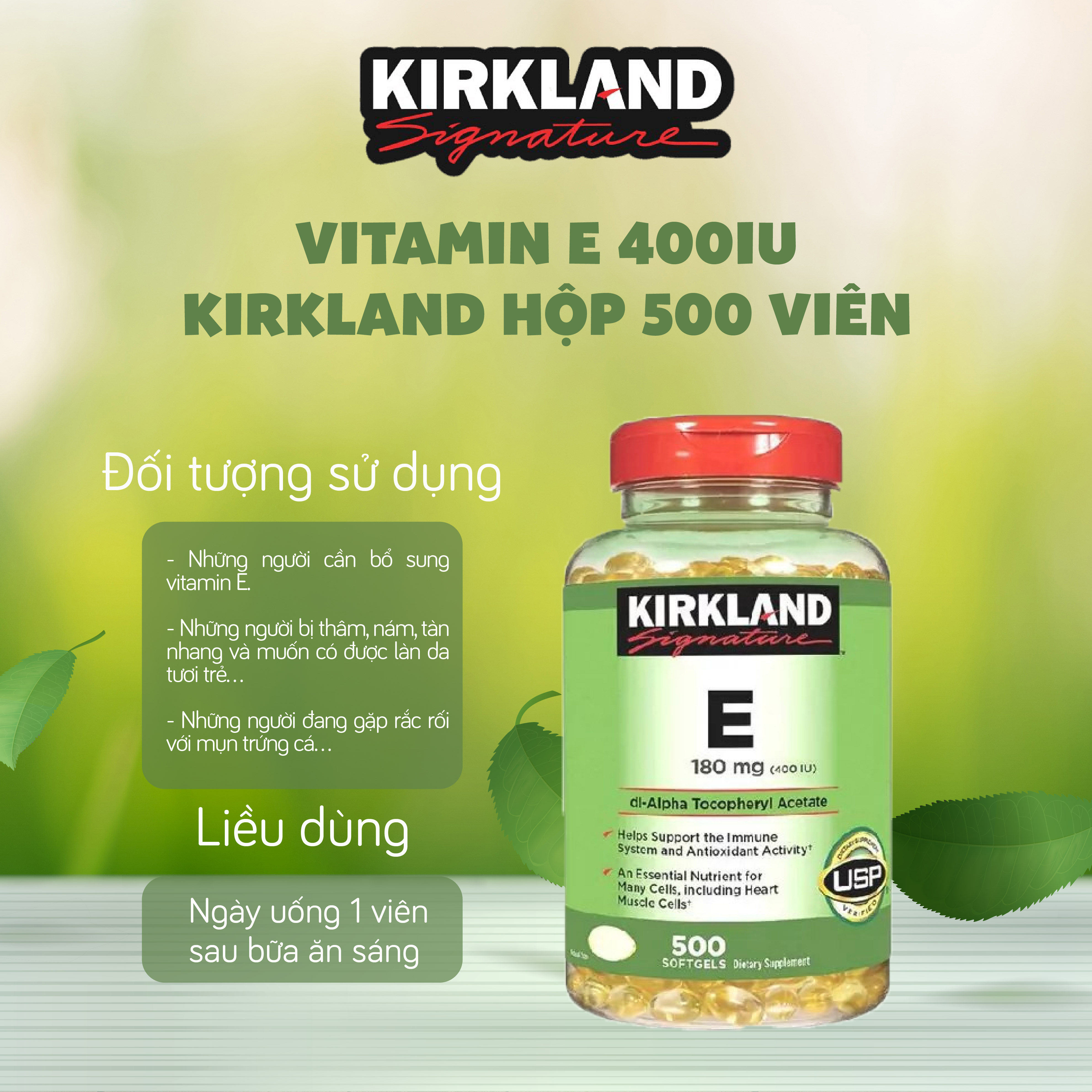 Viên uống bổ sung Vitamin E 400 IU Kirkland Signature giúp làm đẹp da Của Mỹ 500 viên