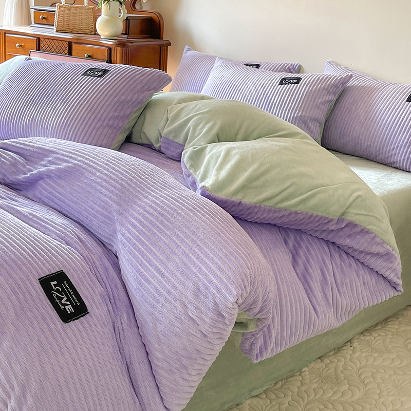 Bộ bốn mảnh giường nhung sữa bán buôn chăn ga trải giường nhung san hô vỏ chăn flannel bộ ba mảnh chăn ga gối nhung mùa đông