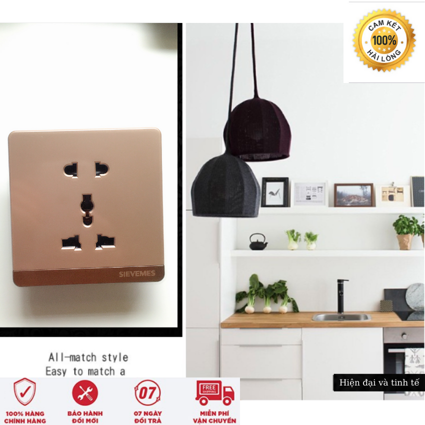 ổ cắm 5 lỗ đa năng vuông PVC chống cháy vàng không viền