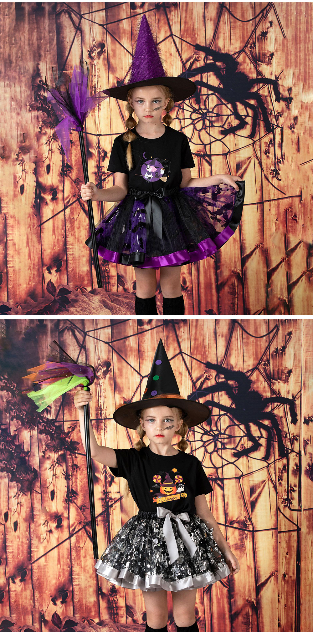 Set đồ hóa trang Halloween cho bé gái gồm chân váy xòe tutu, nón phù thủy và chổi bay siêu đáng yêu size S M L
