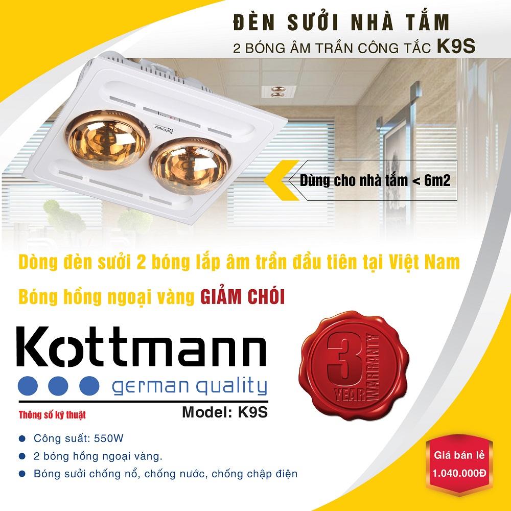 Đèn sưởi nhà tắm âm trần 2 bóng Kottmann K9-S( Trắng Vàng)