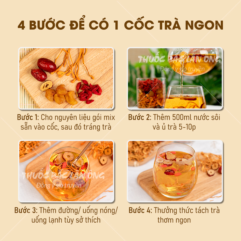 Trà đông trùng hạ thảo set mix sẵn, trà thảo mộc gồm: Táo đỏ, long nhãn, đông trùng hạ thảo, kỳ tử