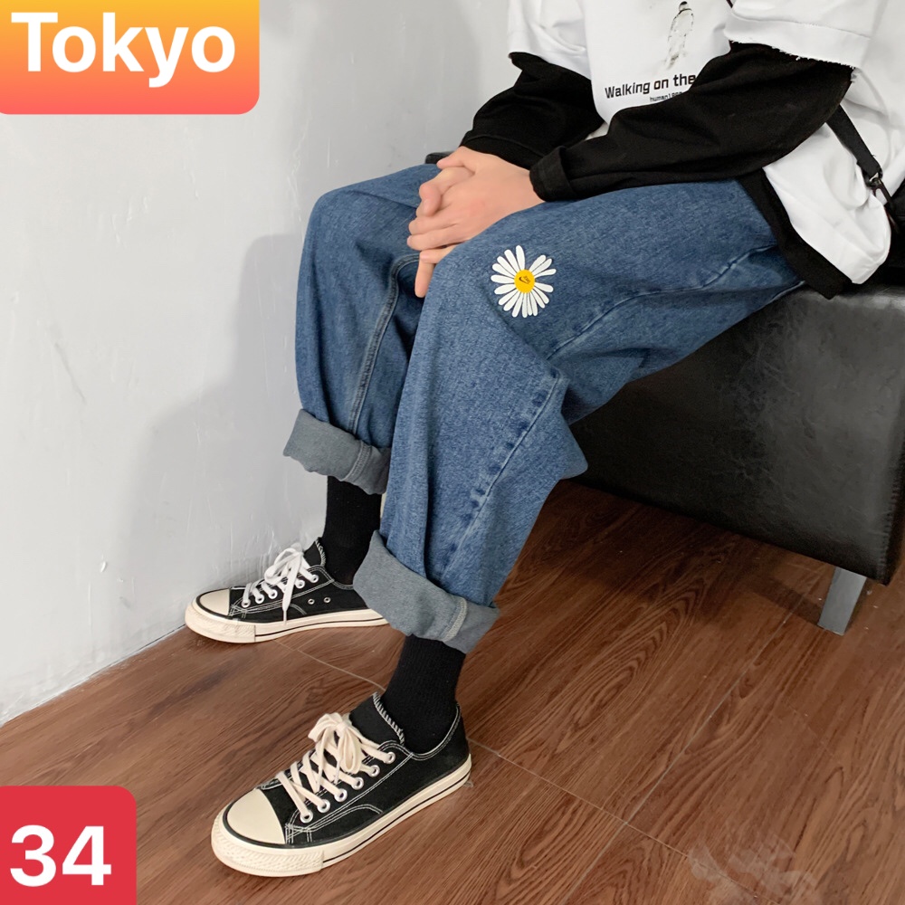QUẦN BAGGY JEAN NAM CHẤT BÒ XANH ỐNG RỘNG THÊU HOA CÚC HÀN QUỐC MỚI CAO CẤP TK-34 TOKYO FASHION