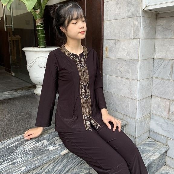 Bộ quần áo mặc nhà, Quần Áo nữ Phật Tử, đồ lam Đi Chùa thêu hoa văn mẫu KA01A