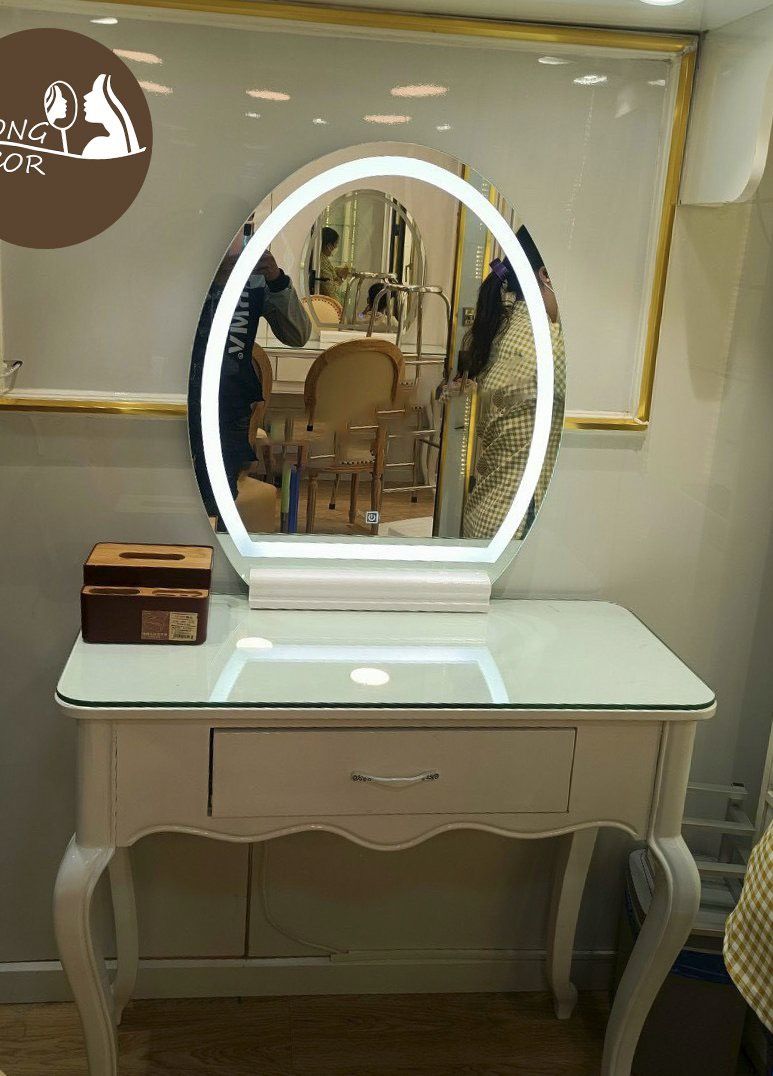 Gương trang điểm decor bàn phấn có bệ gỗ